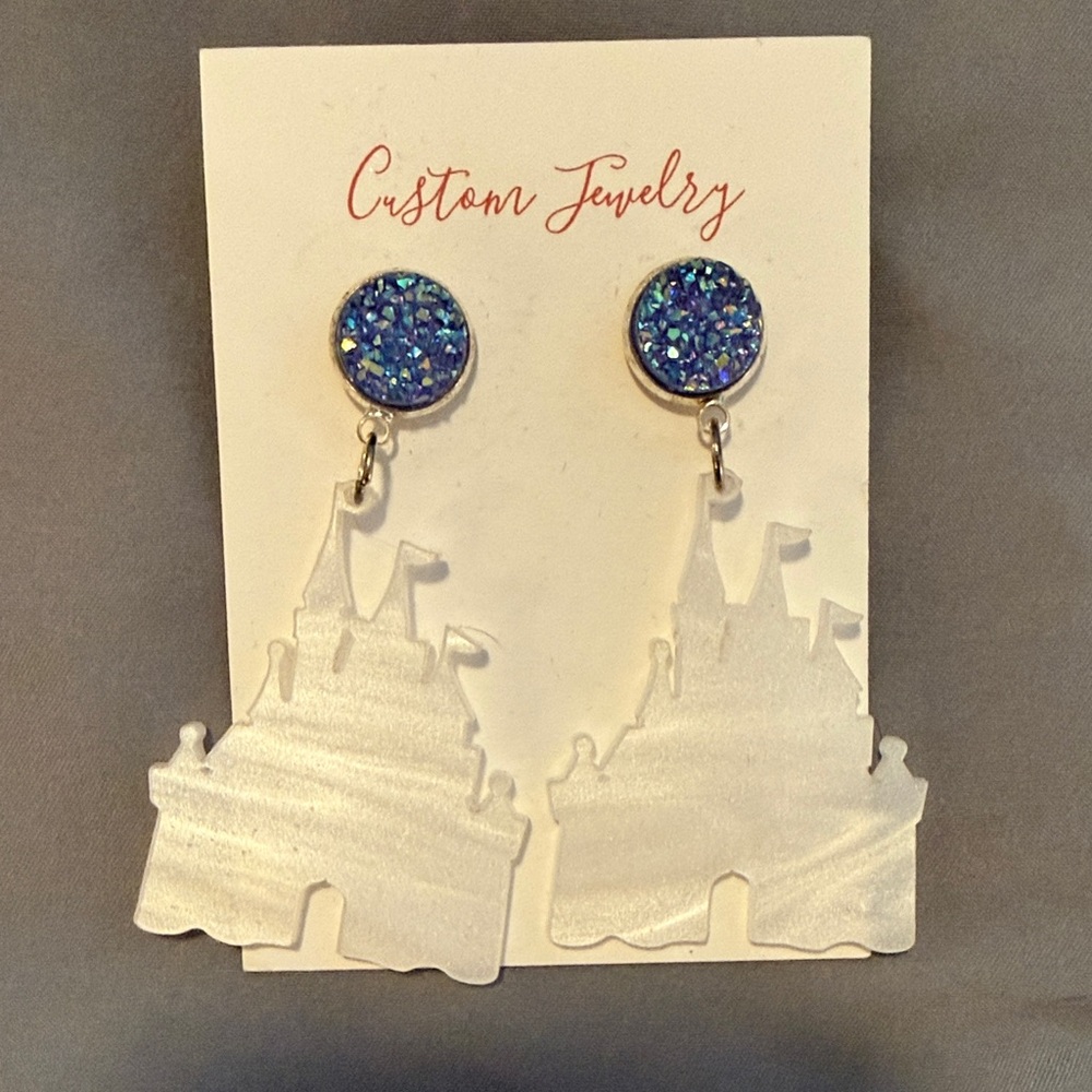 Blue Glitter Castle Earrings